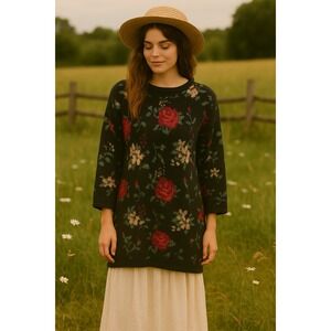 Cottagecore Boho Farm Y2K Chunky 90s Black Red Rose‎ Floral Knit Tunic M Sweater
